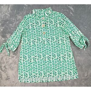Toofan Top Womens Medium Green White Geometric Cotton Tunic Tie Sleeve High Neck